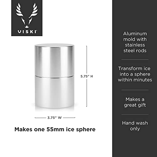 Viski Ice Ball Press Aluminum Ice Press for Whiskey Bourbon Scotch Old Fashioned Cocktail & Rocks Beverage, Clear Ice Ball Maker Mold Size, Barware Equipment & Gift Essentials, 55mm / 2.1", Silver